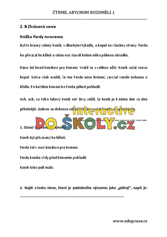 Čteme, abychom rozuměli 1 – diferencované PL pro rozvoj ČG (2. - 3. ročník)