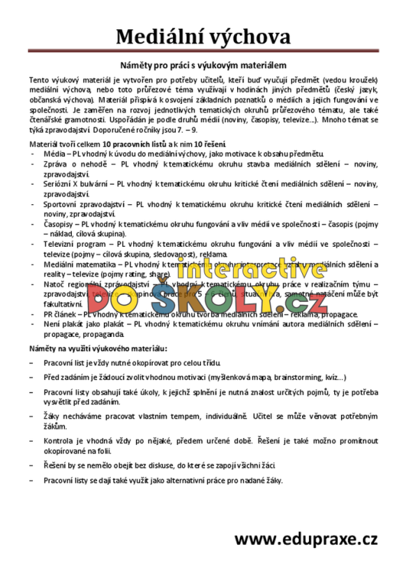 Soubor pracovních listů zaměřených na rozvoj mediální výchovy