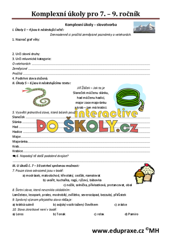 Soubor pracovních listů s komplexními úkoly pro 7. – 9. ročník