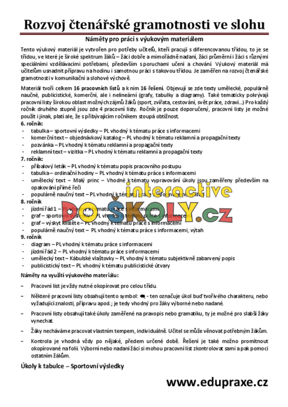 Soubor pracovních listů zaměřených na rozvoj čtenářské gramotnosti ve slohu