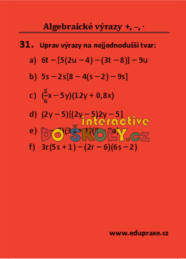 Algebraické výrazy – sčítání, odčítání, násobení