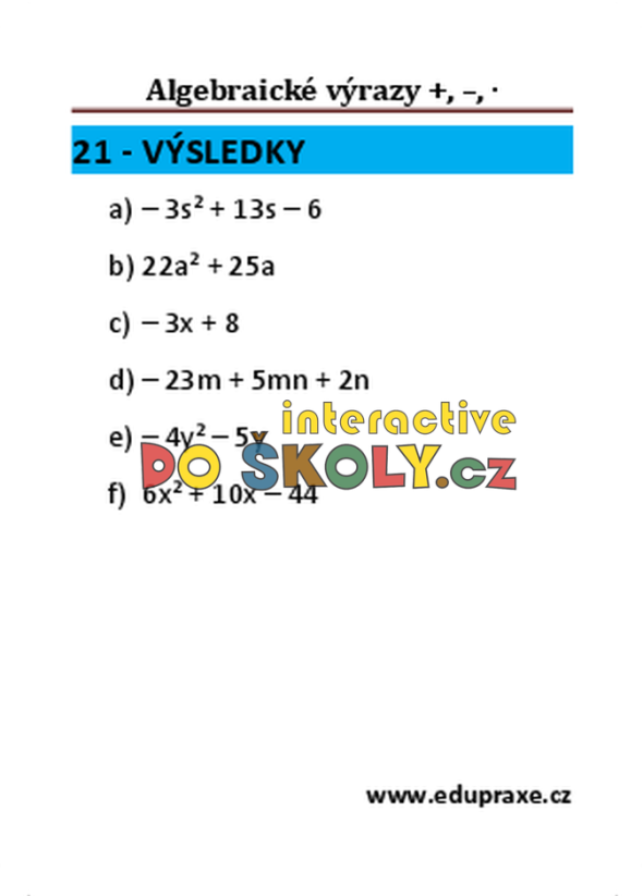 Algebraické výrazy – sčítání, odčítání, násobení