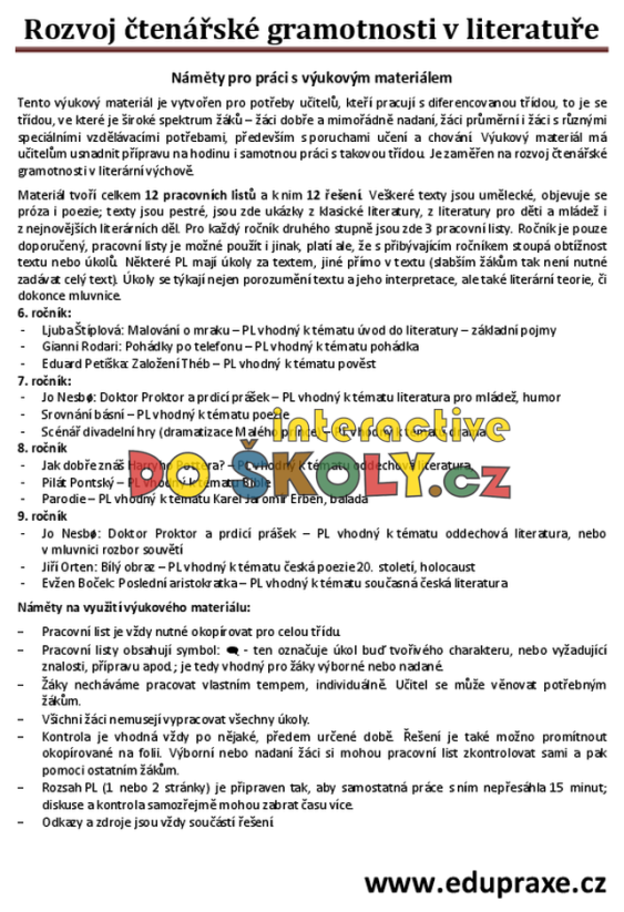 Soubor pracovních listů zaměřených na rozvoj čtenářské gramotnosti v literatuře