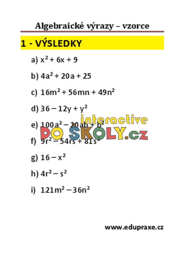 Algebraické výrazy – vzorce