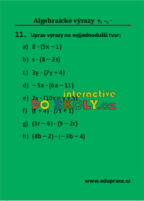 Algebraické výrazy – sčítání, odčítání, násobení