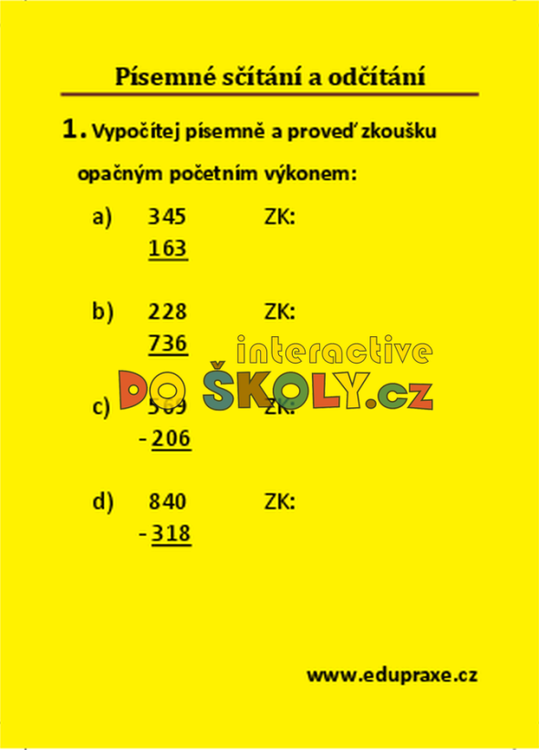Písemné sčítání a odčítání