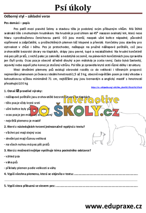 Psí úkoly – diferencované PL pro rozvoj čtenářské gramotnosti (2. st.)