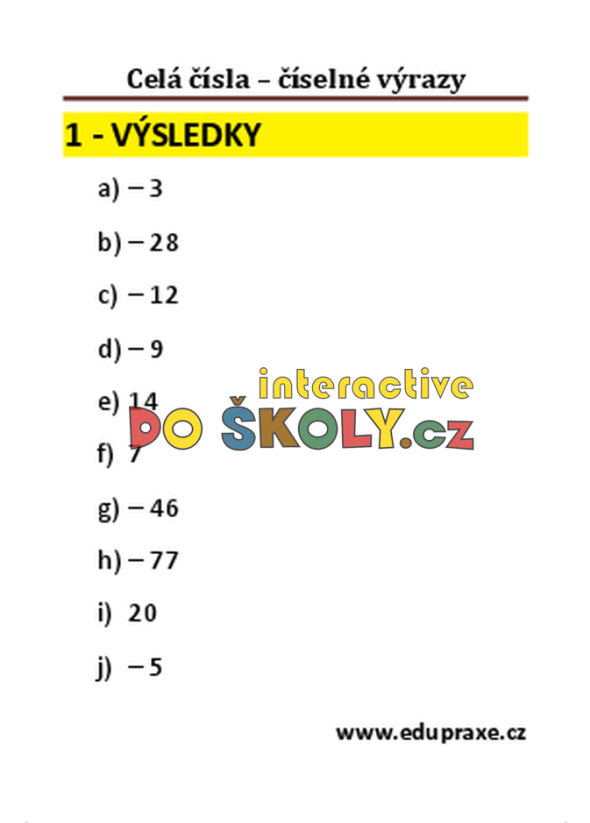 Celá čísla – číselné výrazy