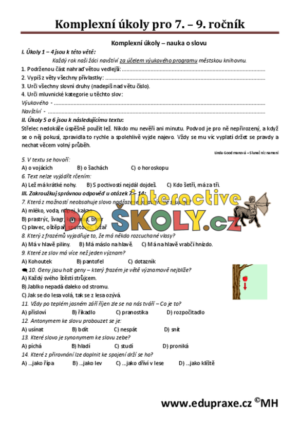 Soubor pracovních listů s komplexními úkoly pro 7. – 9. ročník