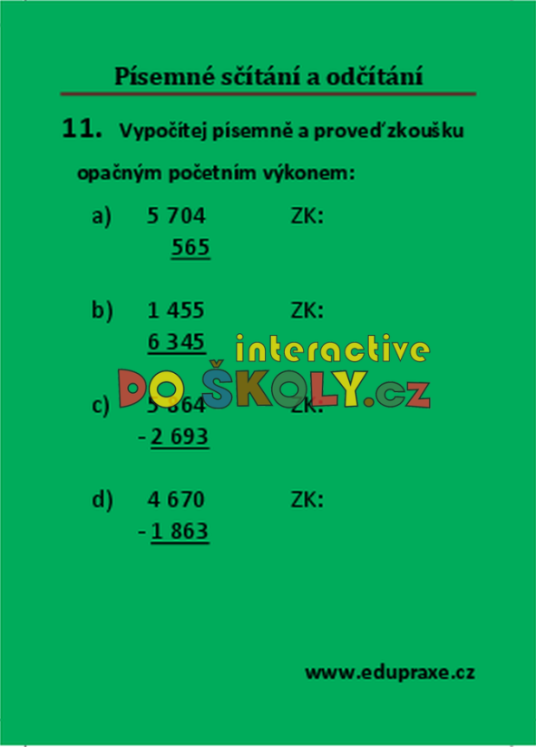 Písemné sčítání a odčítání