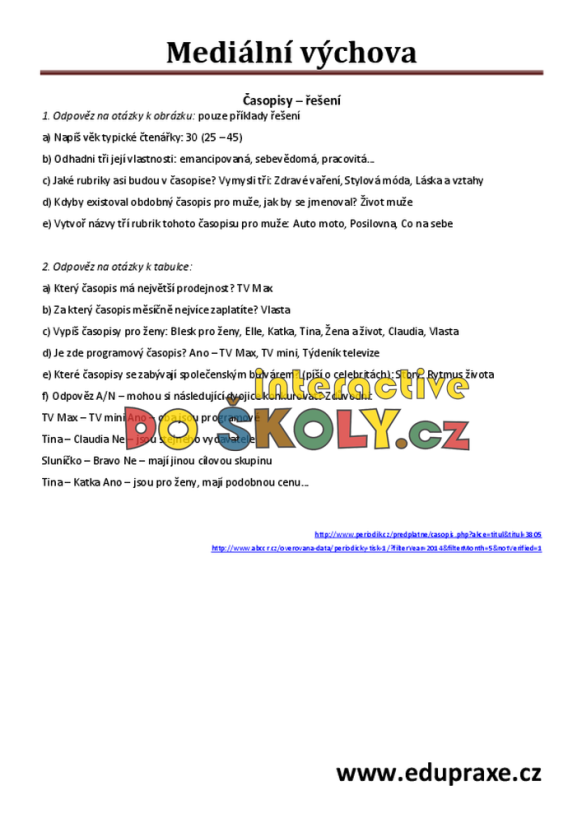 Soubor pracovních listů zaměřených na rozvoj mediální výchovy