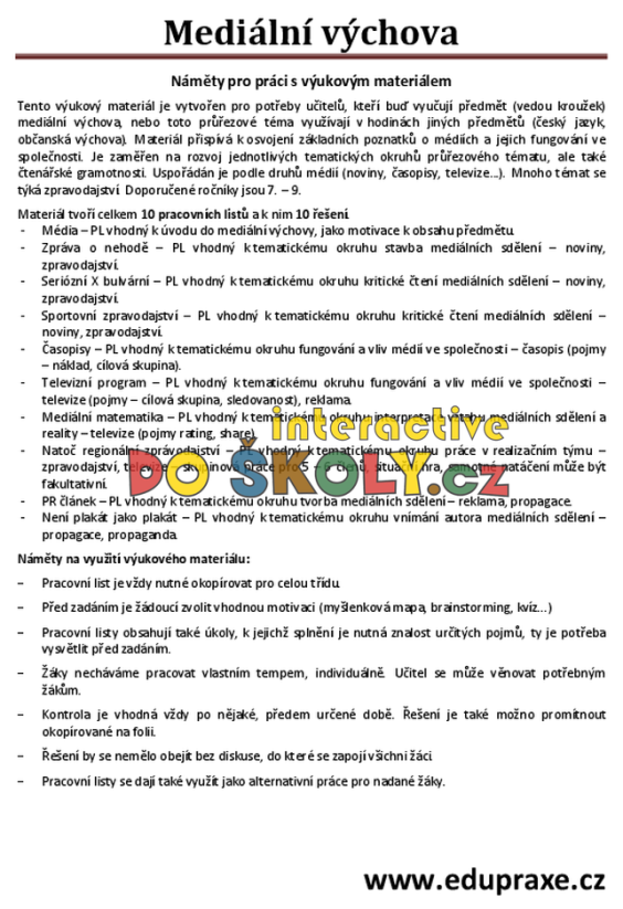 Soubor pracovních listů zaměřených na rozvoj mediální výchovy