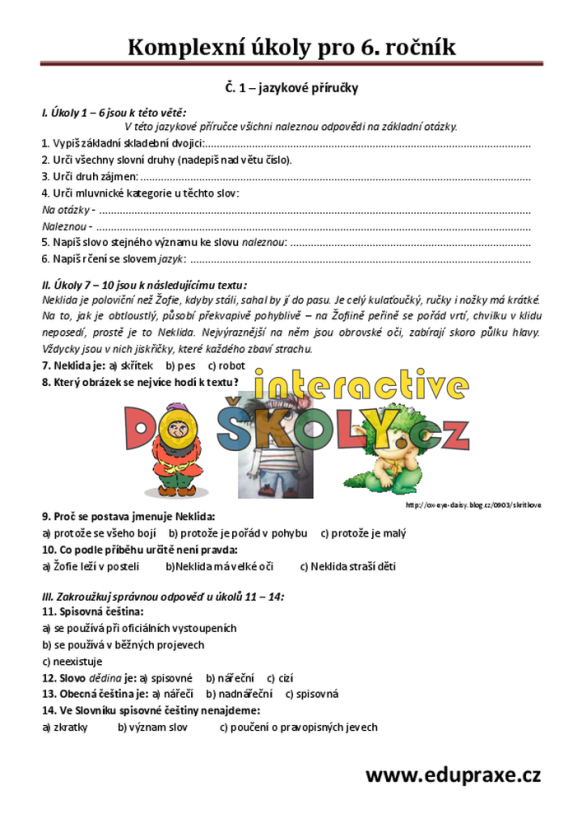 Soubor pracovních listů s komplexními úkoly pro 6. ročník