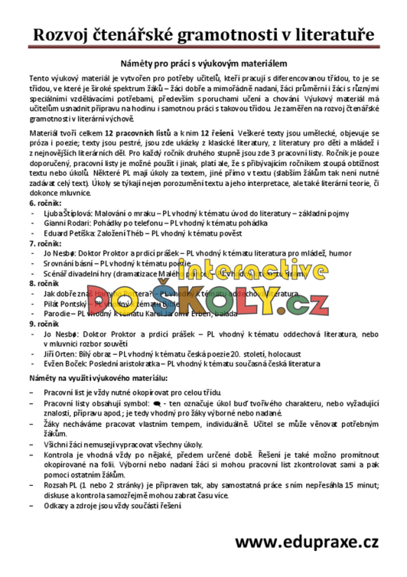 Soubor pracovních listů zaměřených na rozvoj čtenářské gramotnosti v literatuře